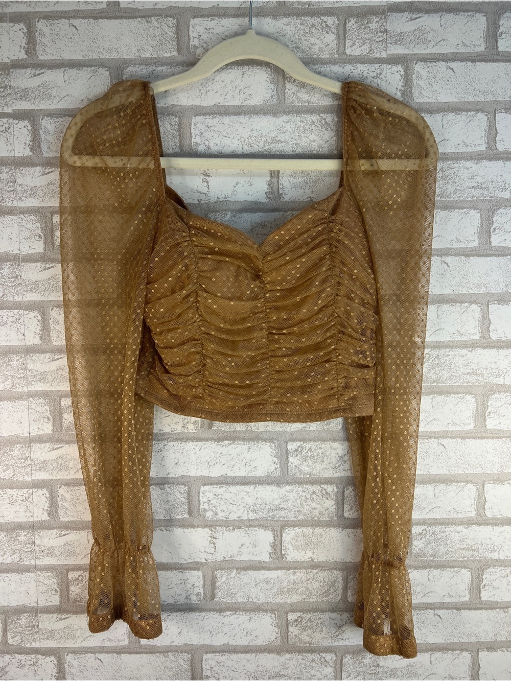Chocolate Sheer Ruched Long-Sleeve Crop Top in Tan
